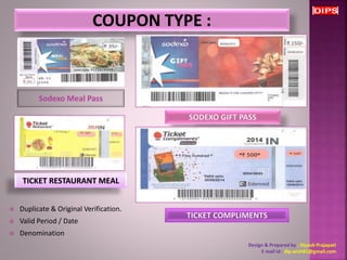 Sodexo Meal Pass 
 Duplicate & Original Verification. 
 Valid Period / Date 
 Denomination 
Design & Prepared by : Dipesh Prajapati 
E mail Id : dip.wish81@gmail.com 
 