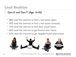 Lead Realities
   Gen-X and Gen-Y (Age 14-43)

       86% used the internet to find a real estate agent
       45% used the internet to find a real estate company
       75% used the internet to find their actual home
       66% used the internet to get finance their home
       62% used the internet to get neighborhood information




                  ©2010 The Company CEO, Inc. - All Rights Reserved
 