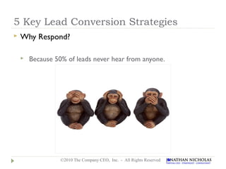 5 Key Lead Conversion Strategies
   Why Respond?

       Because 50% of leads never hear from anyone.




                  ©2010 The Company CEO, Inc. - All Rights Reserved
 