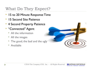 What Do They Expect?
   15 to 20 Minute Response Time
   15 Second Site Patience
   4 Second Property Patience
   “Connected” Agent
       All the information
       All the images
       The good, the bad and the ugly
       Available




                   ©2010 The Company CEO, Inc. - All Rights Reserved
 