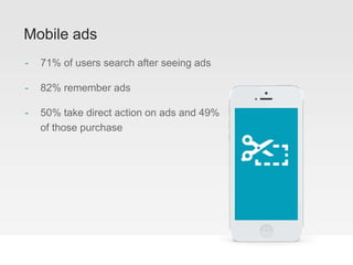 Mobile ads
- 71% of users search after seeing ads
- 82% remember ads
- 50% take direct action on ads and 49%
of those purchase
 