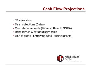 • 13 week view
• Cash collections (Sales)
• Cash disbursements (Material, Payroll, SG&A)
• Debt service & extraordinary costs
• Line of credit / borrowing base (Eligible assets)
Cash Flow Projections
 
