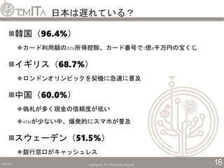 日本は遅れている？
2019/5/6 Copyright (C) 2017 TITC All Rights Reserved. 16
韓国（96.4%）
カード利用額の20%所得控除、カード番号で1億8千万円の宝くじ
イギリス（68.7%）
ロンドンオリンピックを契機に急速に普及
中国（60.0%）
偽札が多く現金の信頼度が低い
ATMが少ない中、爆発的にスマホが普及
スウェーデン（51.5%）
銀行窓口がキャッシュレス
 
