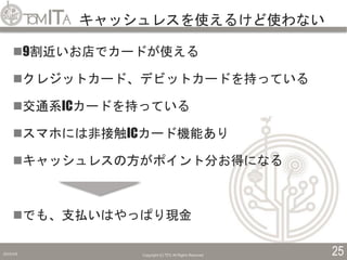 キャッシュレスを使えるけど使わない
2019/5/6 Copyright (C) TITC All Rights Reserved. 25
9割近いお店でカードが使える
クレジットカード、デビットカードを持っている
交通系ICカードを持っている
スマホには非接触ICカード機能あり
キャッシュレスの方がポイント分お得になる
でも、支払いはやっぱり現金
 