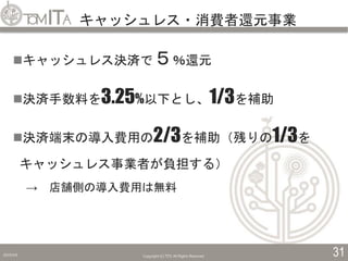 キャッシュレス・消費者還元事業
2019/5/6 Copyright (C) TITC All Rights Reserved. 31
キャッシュレス決済で５％還元
決済手数料を3.25%以下とし、1/3を補助
決済端末の導入費用の2/3を補助（残りの1/3を
キャッシュレス事業者が負担する）
→ 店舗側の導入費用は無料
 