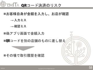 QRコード決済のリスク
2019/5/6 Copyright (C) TITC All Rights Reserved. 58
お客様自身が金額を入力し、お店が確認
→ 入力ミス
→ 確認ミス
偽アプリ画面で金額入力
QRコードを別の店舗のものに差し替え
その場で取引履歴を確認
 