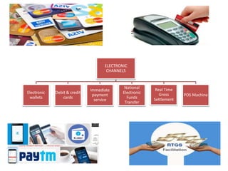 ELECTRONIC
CHANNELS
Electronic
wallets
Debit & credit
cards
Immediate
payment
service
National
Electronic
Funds
Transfer
Real Time
Gross
Settlement
POS Machine
 