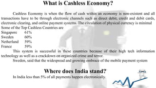 What is Cashless Economy?
Cashless Economy is when the flow of cash within an economy is non-existent and all
transactions have to be through electronic channels such as direct debit, credit and debit cards,
electronic clearing, and online payment systems. The circulation of physical currency is minimal
Some of the Top Cashless Countries are
Singapore 61%
Sweden 60%
Netherland 59%
France 59%
This system is successful in these countries because of their high tech information
technology as well as a crackdown on organized crime and terror.
Sweden, said that the widespread and growing embrace of the mobile payment system
Where does India stand???
In India less than 5% of all payments happen electronically.
 