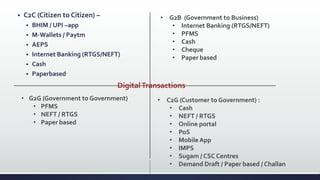  C2C (Citizen to Citizen) –
 BHIM / UPI –app
 M-Wallets / Paytm
 AEPS
 Internet Banking (RTGS/NEFT)
 Cash
 Paperbased
• G2B (Government to Business)
• Internet Banking (RTGS/NEFT)
• PFMS
• Cash
• Cheque
• Paper based
• G2G (Government to Government)
• PFMS
• NEFT / RTGS
• Paper based
• C2G (Customer to Government) :
• Cash
• NEFT / RTGS
• Online portal
• PoS
• Mobile App
• IMPS
• Sugam / CSC Centres
• Demand Draft / Paper based / Challan
DigitalTransactions
 