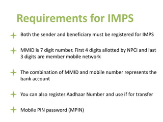 IMPS Transaction Transaction Charges
Upto 1000 Free
Amounts above Rs 10,00 and upto Rs
1 lakh
Rs 5 + Service Tax
Amounts a...