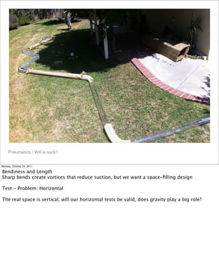 Pneumatics / Will is suck?
Monday, October 24, 2011
Bendiness and Length
Sharp bends create vortices that reduce suction, but we want a space-ﬁlling design
Test - Problem: Horizontal
The real space is vertical; will our horizontal tests be valid, does gravity play a big role?
 
