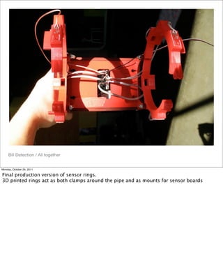 Bill Detection / All together
Monday, October 24, 2011
Final production version of sensor rings.
3D printed rings act as both clamps around the pipe and as mounts for sensor boards
 