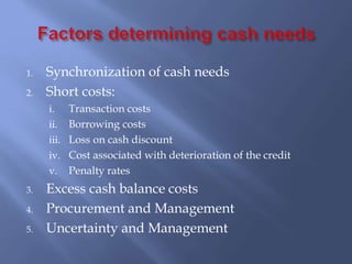 1. Synchronization of cash needs
2. Short costs:
i. Transaction costs
ii. Borrowing costs
iii. Loss on cash discount
iv. Cost associated with deterioration of the credit
v. Penalty rates
3. Excess cash balance costs
4. Procurement and Management
5. Uncertainty and Management
 