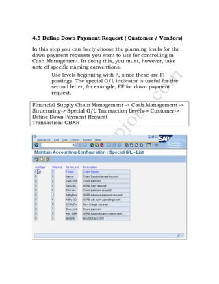 4.5 Define Down Payment Request ( Customer / Vendors)
In this step you can freely choose the planning levels for the
down payment requests you want to use for controlling in
Cash Management. In doing this, you must, however, take
note of specific naming conventions.
Use levels beginning with F, since these are FI
postings. The special G/L indicator is useful for the
second letter, for example, FF for down payment
request.
Financial Supply Chain Management -> Cash Management ->
Structuring-> Special G/L Transaction Levels-> Customer->
Define Down Payment Request
Transaction: OBXR
 