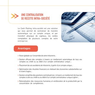UNE CENTRALISATION
DE RECETTE INTRA-SOCIÉTÉ
Le Cash Pooling intra-société est une solution
qui vous permet de centraliser de manière
automatique sur un compte unique, et par
transfert physique de capitaux, les soldes
comptables de plusieurs comptes de votre
entreprise.

Vision globale sur l’ensemble de votre trésorerie ;

Gestion efficace des comptes à travers un nivellement automatique de tous vos
comptes au crédit ou au débit d’un compte centralisateur unique ;

Placement de vos excédents de trésorerie, à partir d’un compte unique ;

Optimisation des résultats financiers en réalisant des économies substantielles sur
le ticket d’agios ;

Gestion simplifiée des positions centralisatrices à travers un nivellement de tous les
comptes à zéro au crédit ou au débit d’un compte centralisateur unique à gérer ;

Rationalisation des ressources humaines et amélioration de la productivité par la
concentration de compétences.
Avantages
 