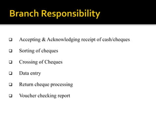    Accepting & Acknowledging receipt of cash/cheques

   Sorting of cheques

   Crossing of Cheques

   Data entry

   Return cheque processing

   Voucher checking report
 