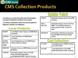  A Chq is a Local Chq when the Chq Payable        SWIFT    Outstation cheques drawn On IDBI
Location & Deposit Location is the same.                    locations
 A Chq is Outstation when the Chq Payable &
                                                   MAX      Outstation cheques drawn On Non
Deposit Location are different.
                                                   REACH    IDBI / Corr Bank locations i.e.
                                                            where partner bank tie up is in
                                                            place
EXPHV     Local High Value Cheques at IDBI Bank
          Locations                                REMOTE   Outstation Collections in locations
                                                            beyond IDBI and Partner Bank
EXPRES    Local Collections on IDBI Bank                    Centrs
S         Locations
RAPID     Local Collections on Non IDBI Bank /
REACH     Partner Bank Locations
                                                   CCASH     Cash Deposited at IDBI locations
(IRR)                                                        by CMS Clients
IDBITRF   Cheques drawn on IDBI Bank across all    NCASH     Cash Deposited at Non IDBI
          Branches                                           Bank but partner bank locations
*SPEED    Outstation cheques drawn on CBS
          Networked Bank Branches
          participating in RBI’s Speed Clearing.                                                  9
 