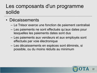 Les composants d'un programme solide Décaissements Le Trésor exerce une fonction de paiement centralisé Les paiements ne sont effectués qu’aux dates pour lesquelles les paiements dates sont dus Les paiements aux vendeurs et aux employés sont effectués par voie électronique Les décaissements en espèces sont éliminés, si possible, ou du moins réduits au minimum 