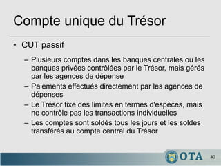 Compte unique du Trésor CUT passif Plusieurs comptes dans les banques centrales ou les banques privées contrôlées par le Trésor, mais gérés par les agences de dépense Paiements effectués directement par les agences de dépenses  Le Trésor fixe des limites en termes d'espèces, mais ne contrôle pas les transactions individuelles Les comptes sont soldés tous les jours et les soldes transférés au compte central du Trésor 
