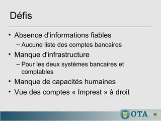 Défis Absence d'informations fiables Aucune liste des comptes bancaires Manque d'infrastructure Pour les deux systèmes bancaires et comptables Manque de capacités humaines Vue des comptes « Imprest » à droit 