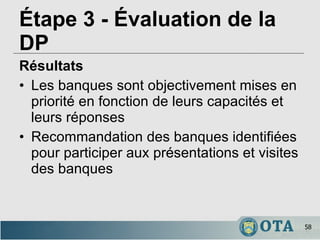 Étape 3 - Évaluation de la DP   Résultats Les banques sont objectivement mises en priorité en fonction de leurs capacités et leurs réponses Recommandation des banques identifiées pour participer aux présentations et visites des banques 