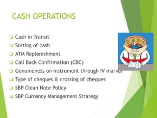 CASH OPERATIONS
 Cash in Transit
 Sorting of cash
 ATM Replenishment
 Call Back Confirmation (CBC)
 Genuineness on instrument through IV marker
 Type of cheques & crossing of cheques
 SBP Clean Note Policy
 SBP Currency Management Strategy
 