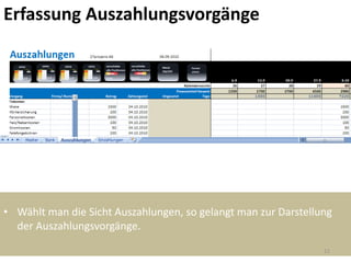 Erfassung Auszahlungsvorgänge




• Wählt man die Sicht Auszahlungen, so gelangt man zur Darstellung
  der Auszahlungsvorgänge.
                                                                11
 