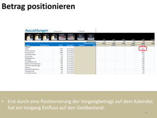 Betrag positionieren




• Erst durch eine Positionierung der Vorgangbetrags auf dem Kalender,
  hat ein Vorgang Einfluss auf den Geldbestand.
                                                                 14
 