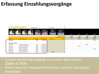 Erfassung Einzahlungsvorgänge




• Zunächst werden die Vorgänge in einzelnen Zeilen erfasst.
  (Zeilen 6-1000)
• Neben typischen Vorgangsinformationen, wird das Zahlungsziel
                                                                 23
  eingetragen.
 