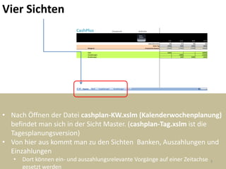 Vier Sichten




• Nach Öffnen der Datei cashplan-KW.xslm (Kalenderwochenplanung)
  befindet man sich in der Sicht Master. (cashplan-Tag.xslm ist die
  Tagesplanungsversion)
• Von hier aus kommt man zu den Sichten Banken, Auszahlungen und
  Einzahlungen
   •   Dort können ein- und auszahlungsrelevante Vorgänge auf einer Zeitachse   3
       gesetzt werden
 