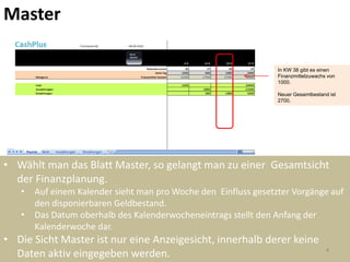 Master

                                                                 In KW 38 gibt es einen
                                                                 Finanzmittelzuwachs von
                                                                 1000.

                                                                 Neuer Gesamtbestand ist
                                                                 2700.




• Wählt man das Blatt Master, so gelangt man zu einer Gesamtsicht
  der Finanzplanung.
   •   Auf einem Kalender sieht man pro Woche den Einfluss gesetzter Vorgänge auf
       den disponierbaren Geldbestand.
   •   Das Datum oberhalb des Kalenderwocheneintrags stellt den Anfang der
       Kalenderwoche dar.
• Die Sicht Master ist nur eine Anzeigesicht, innerhalb derer keine
                                                                                    4
  Daten aktiv eingegeben werden.
 