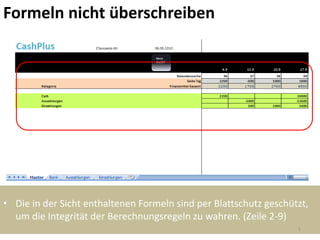 Formeln nicht überschreiben




• Die in der Sicht enthaltenen Formeln sind per Blattschutz geschützt,
  um die Integrität der Berechnungsregeln zu wahren. (Zeile 2-9)
                                                                   5
 
