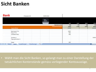 Sicht Banken




• Wählt man die Sicht Banken, so gelangt man zu einer Darstellung der
  tatsächlichen Kontenstände gemäss vorliegender Kontoauszüge.
                                                                 7
 