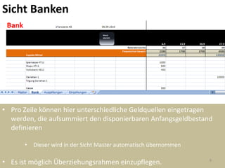 Sicht Banken




• Pro Zeile können hier unterschiedliche Geldquellen eingetragen
  werden, die aufsummiert den disponierbaren Anfangsgeldbestand
  definieren

      •   Dieser wird in der Sicht Master automatisch übernommen

• Es ist möglich Überziehungsrahmen einzupflegen.                  8
 