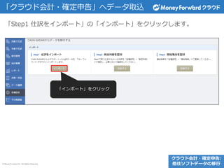 © Money Forward Inc. All Rights Reserved
「Step1 仕訳をインポート」の「インポート」をクリックします。
「クラウド会計・確定申告」へデータ取込
「インポート」をクリック
クラウド会計・確定申告:
他社ソフトデータの移行
 