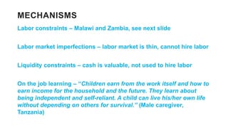 MECHANISMS
Labor constraints – Malawi and Zambia, see next slide
Labor market imperfections – labor market is thin, cannot...