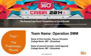 www.simplify360.com 
Stage 1 
The 
Preliminary 
Round 
Team Name: Operation SMM 
Name of first member: Gaurav Srivastav 
College Name: IMT - Ghaziabad 
Name of second member: Ankit Agarwal 
College Name: IMT - Ghaziabad 
 