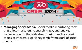 • Managing Social Media: social media monitoring tools 
that allow marketers to search, track, and analyze 
conversation on the web about their brand or about 
topics of interest. E.g: Honeycomb framework of social 
media. 
 