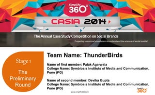 www.simplify360.com 
Stage 1 
The 
Preliminary 
Round 
Team Name: ThunderBirds 
Name of first member: Palak Agarwala 
College Name: Symbiosis Institute of Media and Communication, 
Pune (PG) 
Name of second member: Devika Gupta 
College Name: Symbiosis Institute of Media and Communication, 
Pune (PG) 
 