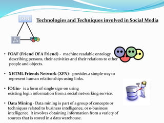 Technologies and Techniques involved in Social Media 
• FOAF (Friend Of A Friend) - machine readable ontology 
describing persons, their activities and their relations to other 
people and objects. 
• XHTML Friends Network (XFN)- provides a simple way to 
represent human relationships using links. 
• lOGin- is a form of single sign-on using 
existing login information from a social networking service. 
• Data Mining - Data mining is part of a group of concepts or 
techniques related to business intelligence, or e-business 
intelligence. It involves obtaining information from a variety of 
sources that is stored in a data warehouse. 
 