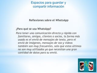 Reflexiones sobre el WhatsApp
¿Para qué se usa WhatsApp?
Para tener una comunicación directa y rápida con
familiares, amigos, clientes o socios, la forma más
usada es el envió de mensajes de texto, pero el
envió de imágenes, mensajes de voz y videos
también son muy frecuentes, solo que estos últimos
no son muy utilizados ya que necesitan una gran
cantidad de datos para su envió.
Espacios para guardar y
compartir información
 
