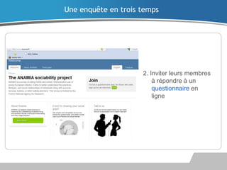Une enquête en trois temps

2. Inviter leurs membres
à répondre à un
questionnaire en
ligne

 