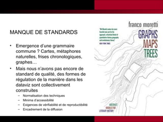MANQUE DE STANDARDS
•

•

Emergence d’une grammaire
commune ? Cartes, métaphores
naturelles, frises chronologiques,
graphes…
Mais nous n’avons pas encore de
standard de qualité, des formes de
régulation de la manière dans les
dataviz sont collectivement
construites
–
–
–
–

Normalisation des techniques
Minima d’accessibilité
Exigences de vérifiabilité et de reproductibilité
Encadrement de la diffusion

 