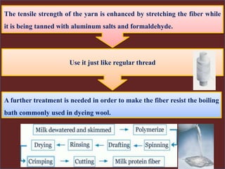 A further treatment is needed in order to make the fiber resist the boiling
bath commonly used in dyeing wool.
The tensile strength of the yarn is enhanced by stretching the fiber while
it is being tanned with aluminum salts and formaldehyde.
Use it just like regular thread
 
