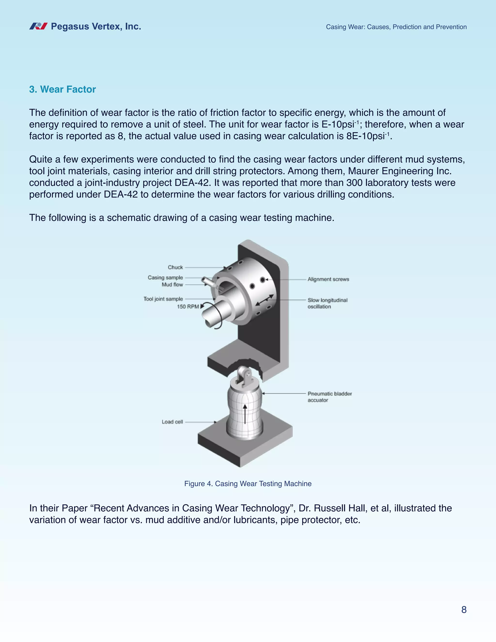 Pegasus Vertex, Inc. Casing Wear: Causes, Prediction and Prevention
8
3. Wear Factor
The definition of wear factor is the ratio of friction factor to specific energy, which is the amount of
energy required to remove a unit of steel. The unit for wear factor is E-10psi-1
; therefore, when a wear
factor is reported as 8, the actual value used in casing wear calculation is 8E-10psi-1
.
Quite a few experiments were conducted to find the casing wear factors under different mud systems,
tool joint materials, casing interior and drill string protectors. Among them, Maurer Engineering Inc.
conducted a joint-industry project DEA-42. It was reported that more than 300 laboratory tests were
performed under DEA-42 to determine the wear factors for various drilling conditions.
The following is a schematic drawing of a casing wear testing machine.
Figure 4. Casing Wear Testing Machine
In their Paper “Recent Advances in Casing Wear Technology”, Dr. Russell Hall, et al, illustrated the
variation of wear factor vs. mud additive and/or lubricants, pipe protector, etc.
 