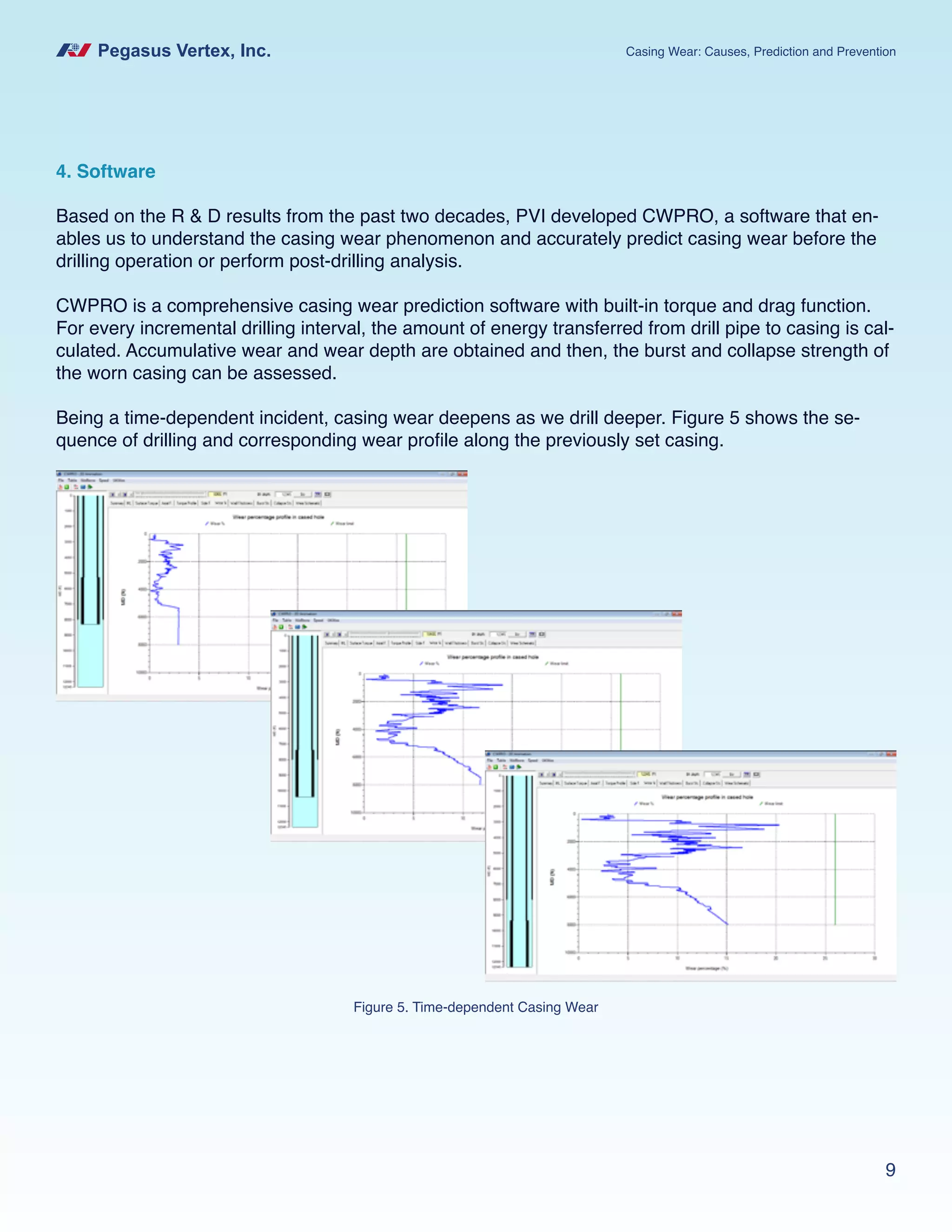 Pegasus Vertex, Inc. Casing Wear: Causes, Prediction and Prevention
9
4. Software
Based on the R & D results from the past two decades, PVI developed CWPRO, a software that en-
ables us to understand the casing wear phenomenon and accurately predict casing wear before the
drilling operation or perform post-drilling analysis.
CWPRO is a comprehensive casing wear prediction software with built-in torque and drag function.
For every incremental drilling interval, the amount of energy transferred from drill pipe to casing is cal-
culated. Accumulative wear and wear depth are obtained and then, the burst and collapse strength of
the worn casing can be assessed.
Being a time-dependent incident, casing wear deepens as we drill deeper. Figure 5 shows the se-
quence of drilling and corresponding wear profile along the previously set casing.
Figure 5. Time-dependent Casing Wear
 