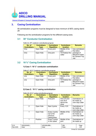 ADCO
DRILLING MANUAL
Volume-1/Chapter-6: Casing & Cementing Guidelines
S.G.
Rev-0/05
HDO(S/N/E) :
Date :
HDO(BU/BB) :
Date :
DM :
Date :
Page
6-9
Printed on: 02/03/2005
3. Casing Centralization
All centralization programs must be designed to have minimum of 80% casing stand-
off.
Following are the centralization programs for the different casing sizes.
3.1 30“ Conductor Centralization
Table 6-6: 30” conductor centralization program
No. of
Centralizers
Centralizers
Type
Centralizers
Repetition
Centralizers
location
Remarks
One Open Hole Every joint Middle of the
joint
One Open Hole One joint 10 ft below the
cellar
Use centralizers
that allow
passage of
Macaroni tubes
for Cement Top
Job
3.2 18 ⅝” Casing Centralization
1) Case 1: 18 ⅝” conductor centralization
Table 6-7: 18 ⅝” Conductor centralization program
No. of
Centralizers
Centralizers
Type
Centralizers
Repetition
Centralizers
location
Remarks
one Open Hole Every joint Middle of the
joint
one Open Hole One joint 10 ft below the
cellar
Use centralizers
that allow
passage of
Macaroni tubes
for Cement Top
Job
2) Case 2: 18 ⅝” casing centralization
Table 6-8: 18 ⅝” casing centralization program
No. of
Centralizers
Centralizers
Type
Centralizers
Repetition
Centralizers
location
Remarks
2 Open Hole First joint One 5 ft and
one 25 ft
above the
shoe
Centralizers to
be made up
over stop collar
2 Open Hole Next 3 joints Every 15 ft Centralizers to
be made up
over stop collar
1 Open Hole Every 3 joints
Up to the
previous
casing shoe
Middle of the
joint
Centralizers to
be made up
over stop collar
1 Positive Every 3 joints
in the cased
Middle of the
joint
Centralizers to
be made up
 