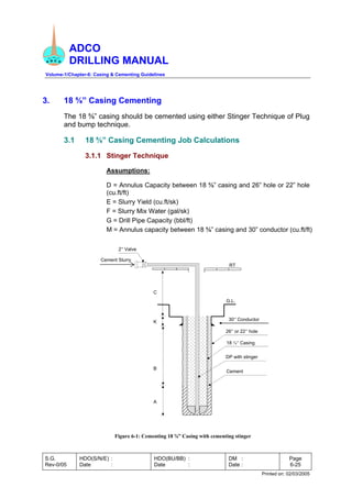 ADCO
DRILLING MANUAL
Volume-1/Chapter-6: Casing & Cementing Guidelines
S.G.
Rev-0/05
HDO(S/N/E) :
Date :
HDO(BU/BB) :
Date :
DM :
Date :
Page
6-25
Printed on: 02/03/2005
3. 18 ⅝” Casing Cementing
The 18 ⅝” casing should be cemented using either Stinger Technique of Plug
and bump technique.
3.1 18 ⅝” Casing Cementing Job Calculations
3.1.1 Stinger Technique
Assumptions:
D = Annulus Capacity between 18 ⅝” casing and 26” hole or 22” hole
(cu.ft/ft)
E = Slurry Yield (cu.ft/sk)
F = Slurry Mix Water (gal/sk)
G = Drill Pipe Capacity (bbl/ft)
M = Annulus capacity between 18 ⅝” casing and 30” conductor (cu.ft/ft)
Figure 6-1: Cementing 18 ⅝” Casing with cementing stinger
18 ⅝” Casing
Cement
G.L.
Cement Slurry
RT
2” Valve
DP with stinger
A
B
C
30” Conductor
K
26” or 22” hole
 