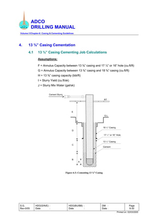 ADCO
DRILLING MANUAL
Volume-1/Chapter-6: Casing & Cementing Guidelines
S.G.
Rev-0/05
HDO(S/N/E) :
Date :
HDO(BU/BB) :
Date :
DM :
Date :
Page
6-30
Printed on: 02/03/2005
4. 13 ⅜” Casing Cementation
4.1 13 ⅜” Casing Cementing Job Calculations
Assumptions:
F = Annulus Capacity between 13 ⅜” casing and 17 ½” or 16” hole (cu.ft/ft)
G = Annulus Capacity between 13 ⅜” casing and 18 ⅝” casing (cu.ft/ft)
H = 13 ⅜” casing capacity (bbl/ft)
I = Slurry Yield (cu.ft/sk)
J = Slurry Mix Water (gal/sk)
Figure 6-3: Cementing 13 ⅜” Casing
18 ⅝” Casing
Cement
Cement Slurry
RT
A
B
C
D
E
13 ⅜” Casing
G.L.
17 ½” or 16” Hole
 