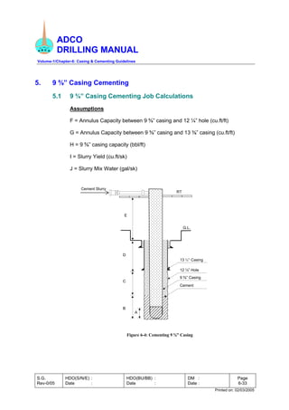 ADCO
DRILLING MANUAL
Volume-1/Chapter-6: Casing & Cementing Guidelines
S.G.
Rev-0/05
HDO(S/N/E) :
Date :
HDO(BU/BB) :
Date :
DM :
Date :
Page
6-33
Printed on: 02/03/2005
5. 9 ⅝” Casing Cementing
5.1 9 ⅝” Casing Cementing Job Calculations
Assumptions
F = Annulus Capacity between 9 ⅝” casing and 12 ¼” hole (cu.ft/ft)
G = Annulus Capacity between 9 ⅝” casing and 13 ⅜” casing (cu.ft/ft)
H = 9 ⅝” casing capacity (bbl/ft)
I = Slurry Yield (cu.ft/sk)
J = Slurry Mix Water (gal/sk)
Figure 6-4: Cementing 9 ⅝” Casing
Cement
Cement Slurry
RT
A
B
C
D
E
13 ⅜” Casing
G.L.
9 ⅝” Casing
12 ¼” Hole
 
